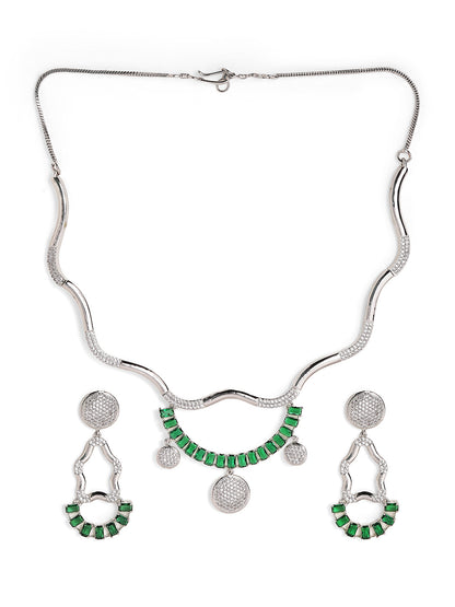 Statement Elegance Green Stoned AD Silver Plated necklace and Drop Earrings Jewellery set