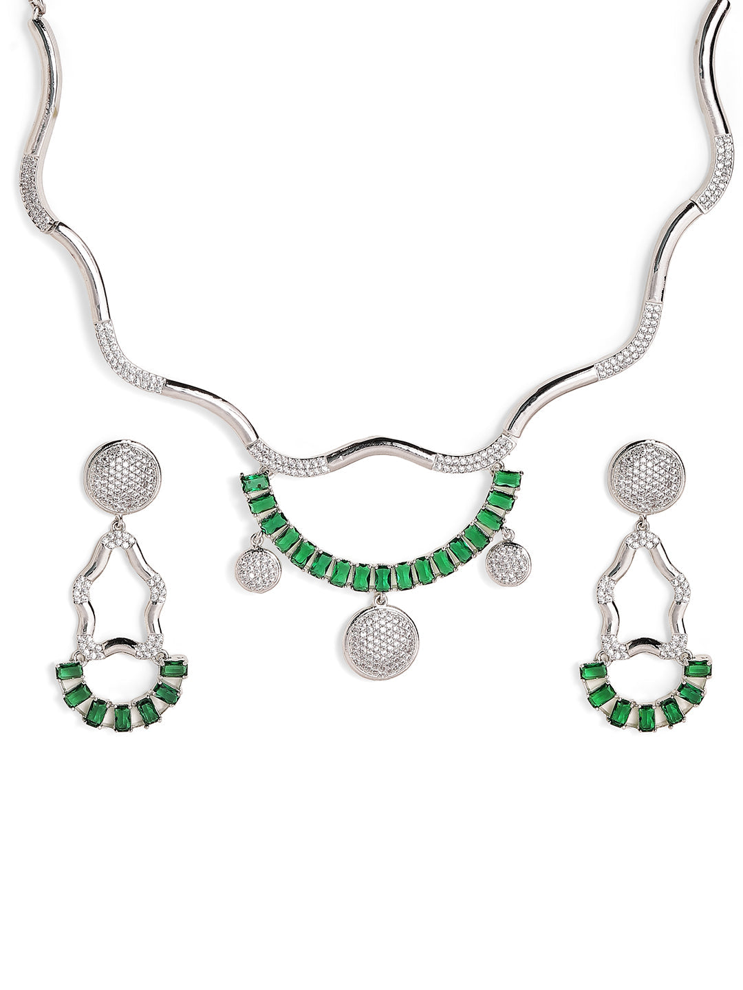 Statement Elegance Green Stoned AD Silver Plated necklace and Drop Earrings Jewellery set