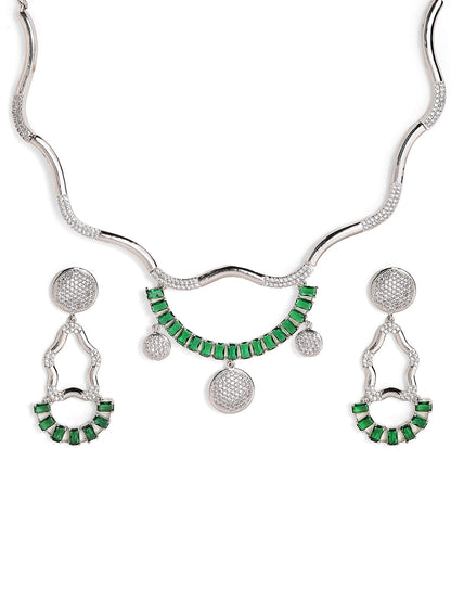 Statement Elegance Green Stoned AD Silver Plated necklace and Drop Earrings Jewellery set