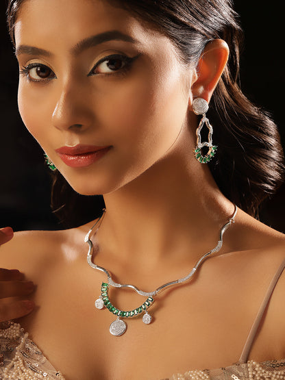 Statement Elegance Green Stoned AD Silver Plated necklace and Drop Earrings Jewellery set