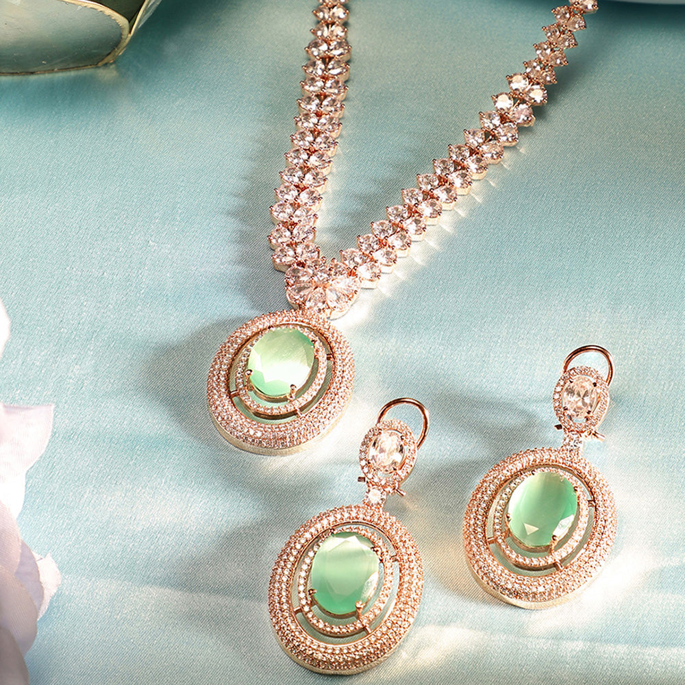 Mint Stoned Geometric Elegance Floral Style Rosegold Necklace and Drop Earrings Jewellery Set