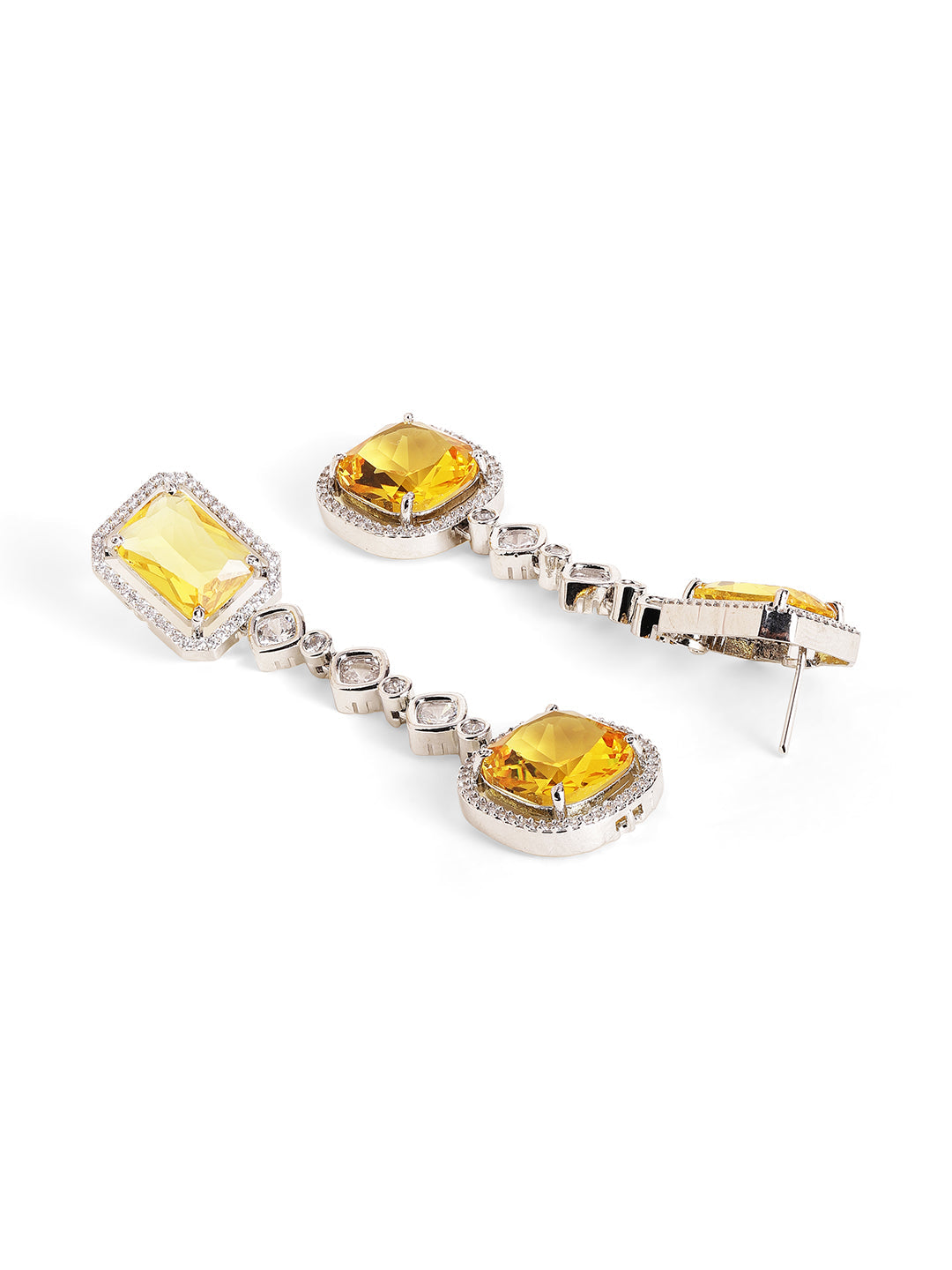 Yellow Stoned Silver Plated Geometrical Elegance Layered Necklace and Drop Earrings Jewellery Set