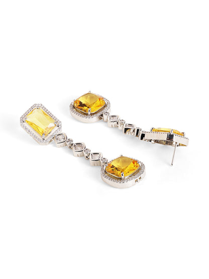 Yellow Stoned Silver Plated Geometrical Elegance Layered Necklace and Drop Earrings Jewellery Set