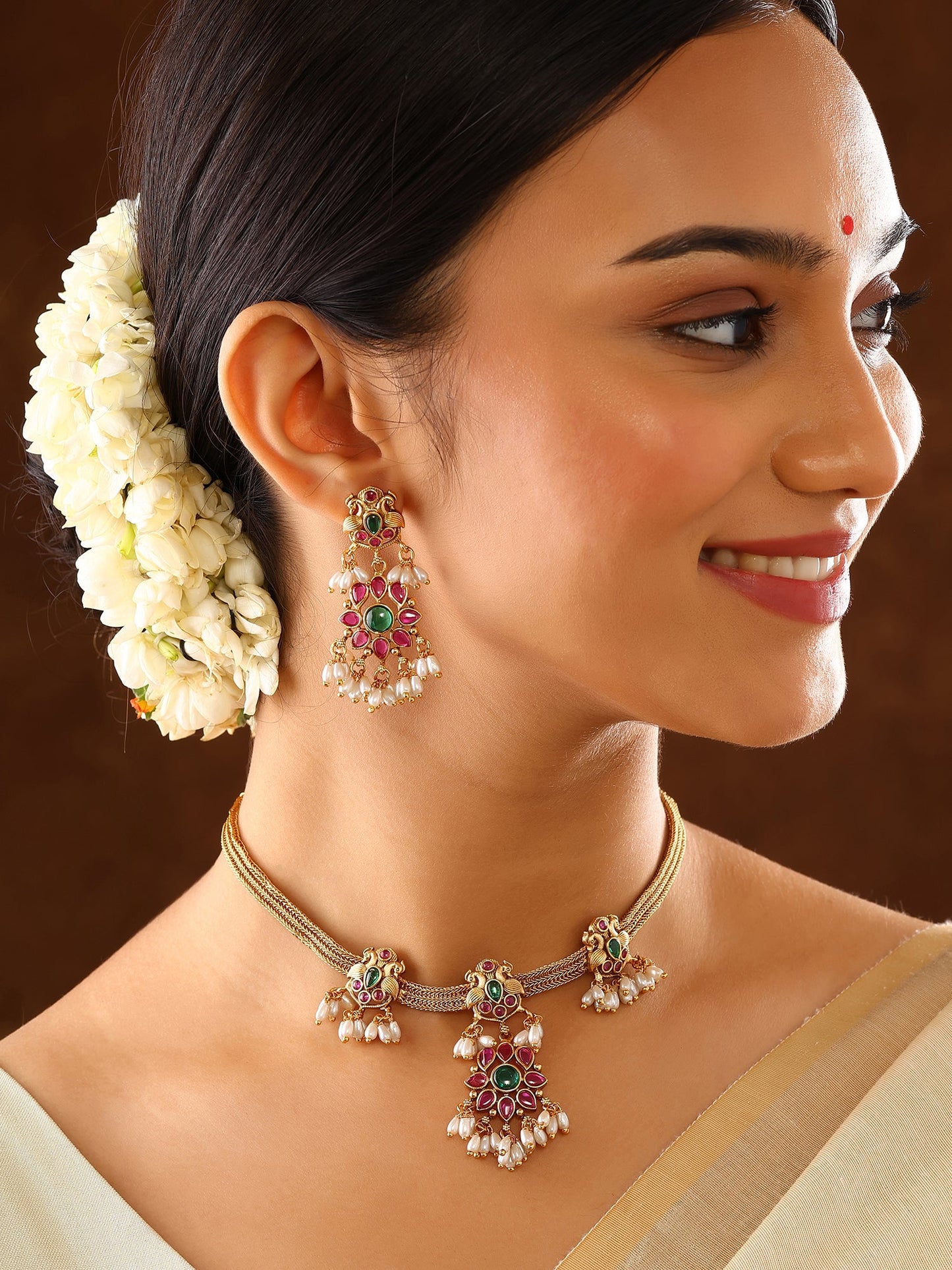 Twin Peacock multicolor Floral Pattern Gold Plated Attigai Necklace with Drop Earrings Jewellery Set