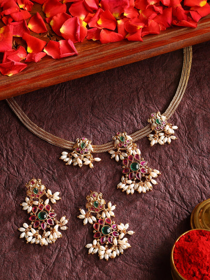 Twin Peacock multicolor Floral Pattern Gold Plated Attigai Necklace with Drop Earrings Jewellery Set