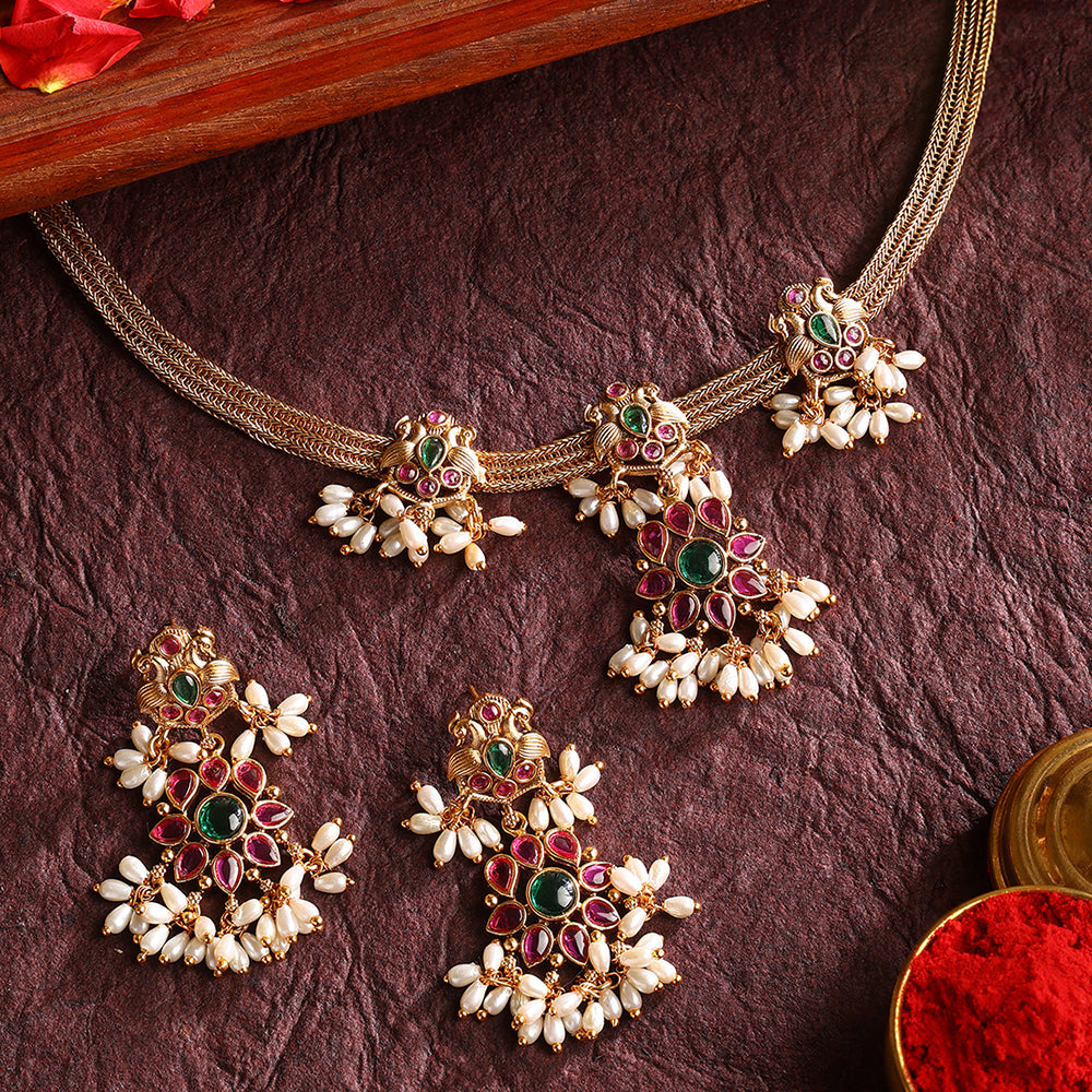 Twin Peacock multicolor Floral Pattern Gold Plated Attigai Necklace with Drop Earrings Jewellery Set