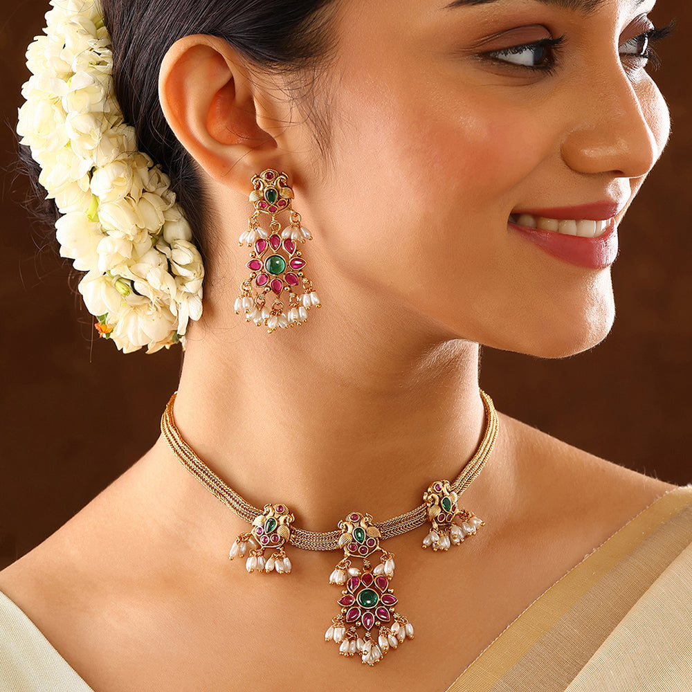 Twin Peacock multicolor Floral Pattern Gold Plated Attigai Necklace with Drop Earrings Jewellery Set