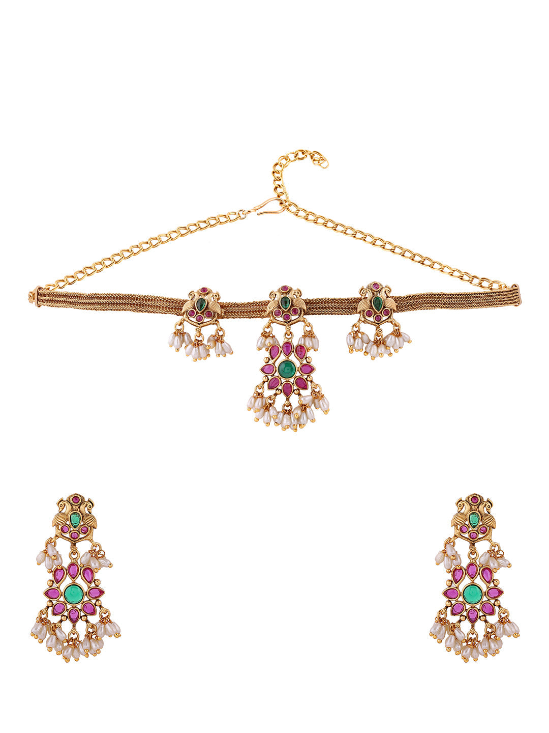 Twin Peacock multicolor Floral Pattern Gold Plated Attigai Necklace with Drop Earrings Jewellery Set