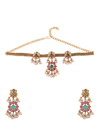 Twin Peacock multicolor Floral Pattern Gold Plated Attigai Necklace with Drop Earrings Jewellery Set