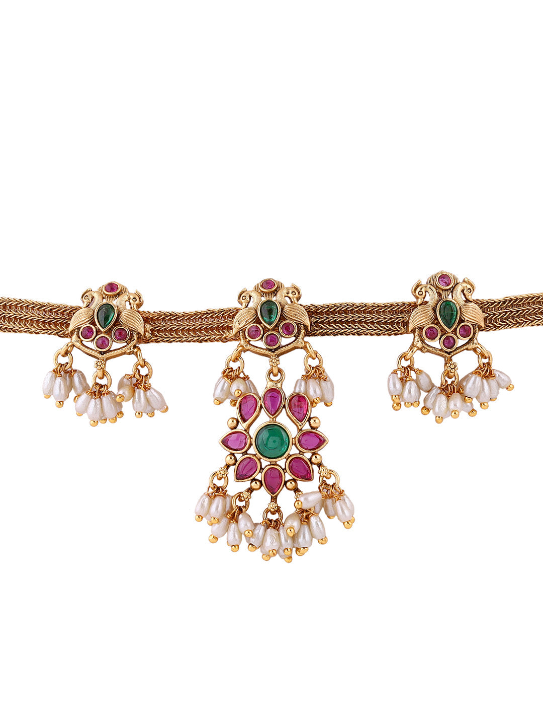 Twin Peacock multicolor Floral Pattern Gold Plated Attigai Necklace with Drop Earrings Jewellery Set