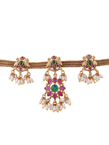 Twin Peacock multicolor Floral Pattern Gold Plated Attigai Necklace with Drop Earrings Jewellery Set