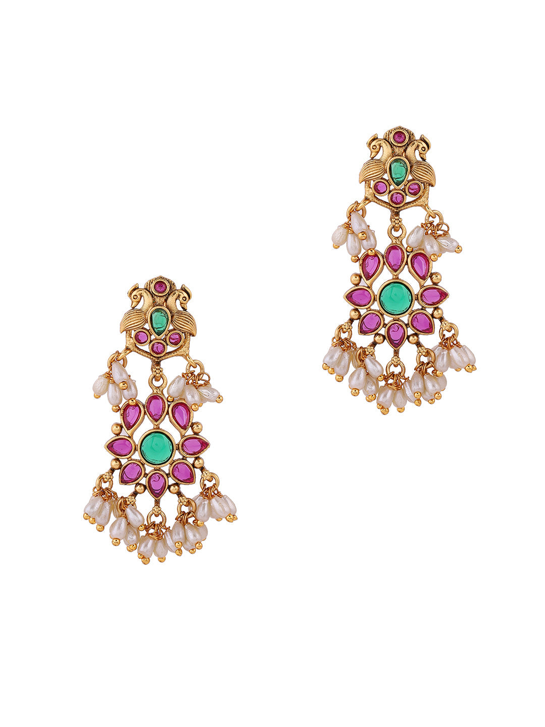 Twin Peacock multicolor Floral Pattern Gold Plated Attigai Necklace with Drop Earrings Jewellery Set
