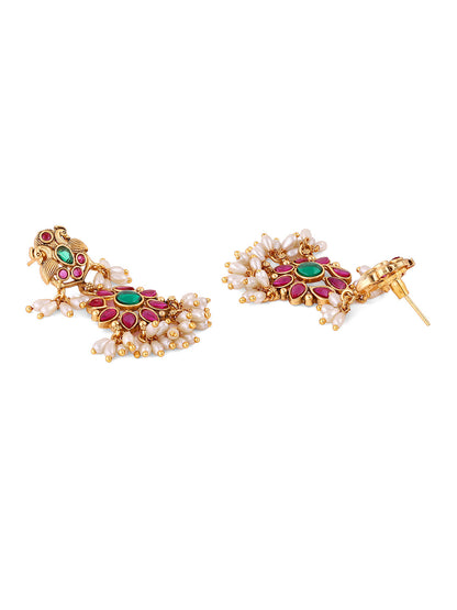 Twin Peacock multicolor Floral Pattern Gold Plated Attigai Necklace with Drop Earrings Jewellery Set