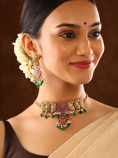 Peacock Ruby Attigai Necklace Floral Pattern with Drop Earrings Jewellery Set