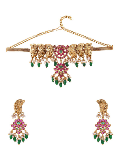 Peacock Ruby Attigai Necklace Floral Pattern with Drop Earrings Jewellery Set