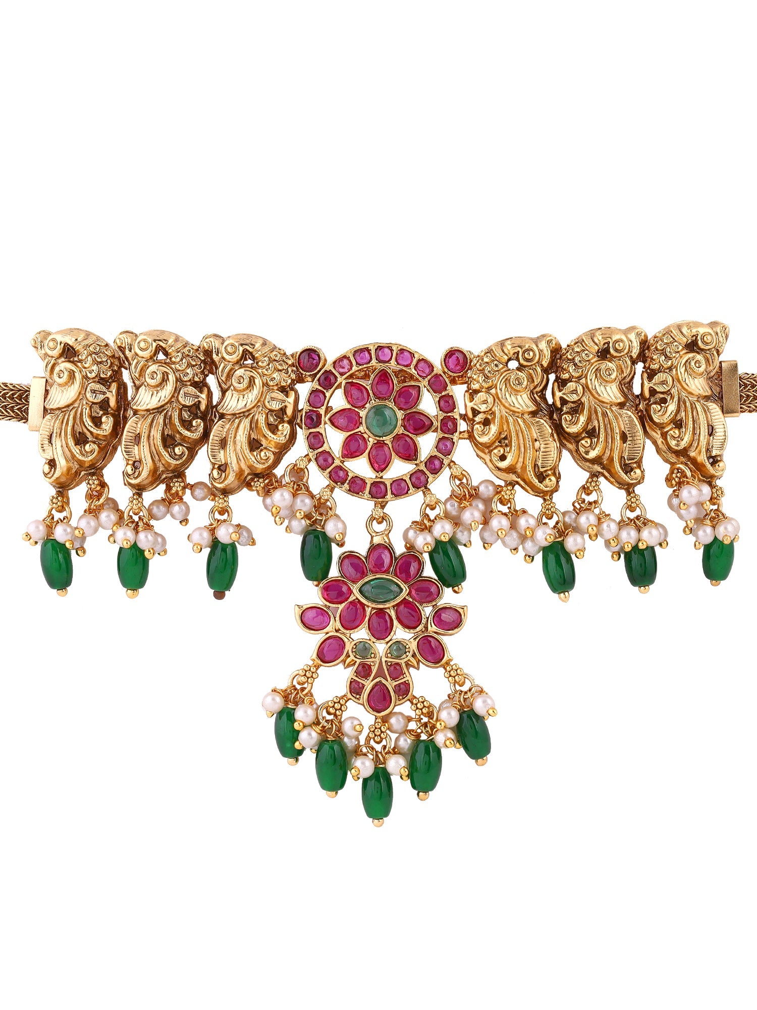 Peacock Ruby Attigai Necklace Floral Pattern with Drop Earrings Jewellery Set