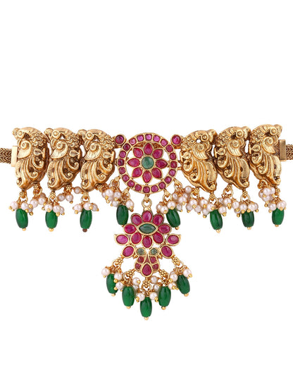 Peacock Ruby Attigai Necklace Floral Pattern with Drop Earrings Jewellery Set