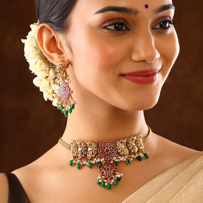 Peacock Ruby Attigai Necklace Floral Pattern with Drop Earrings Jewellery Set