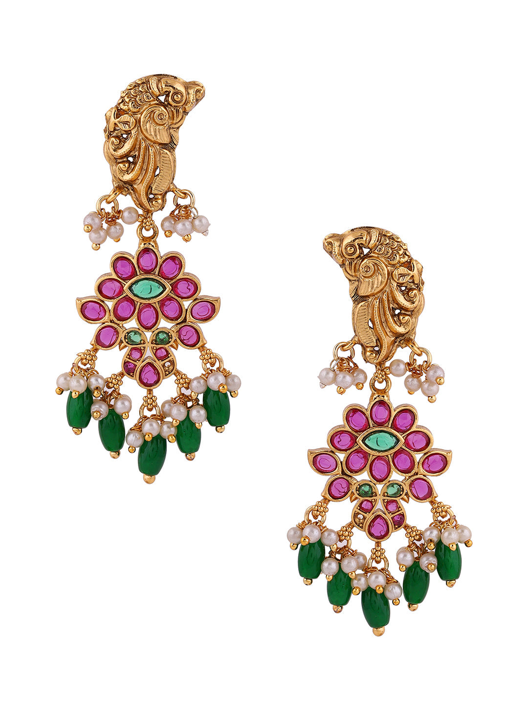 Peacock Ruby Attigai Necklace Floral Pattern with Drop Earrings Jewellery Set
