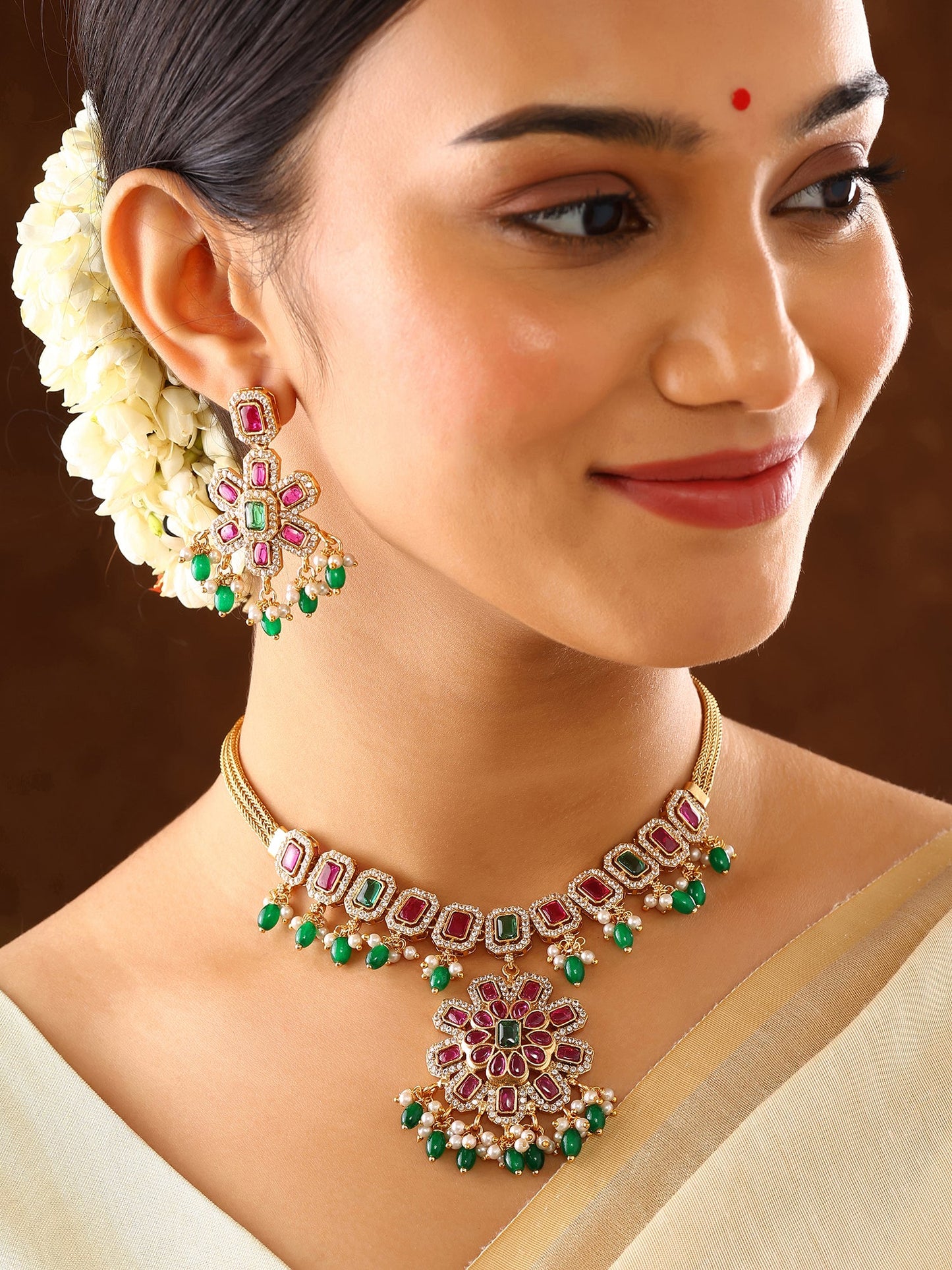 Multi-color Stoned Blooming Elegance Necklace with Drop Earrings Jewellery Set