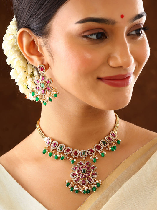 Multi-color Stoned Blooming Elegance Necklace with Drop Earrings Jewellery Set