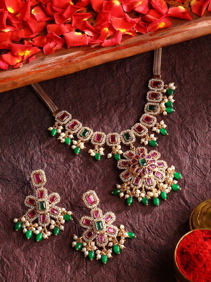 Multi-color Stoned Blooming Elegance Necklace with Drop Earrings Jewellery Set