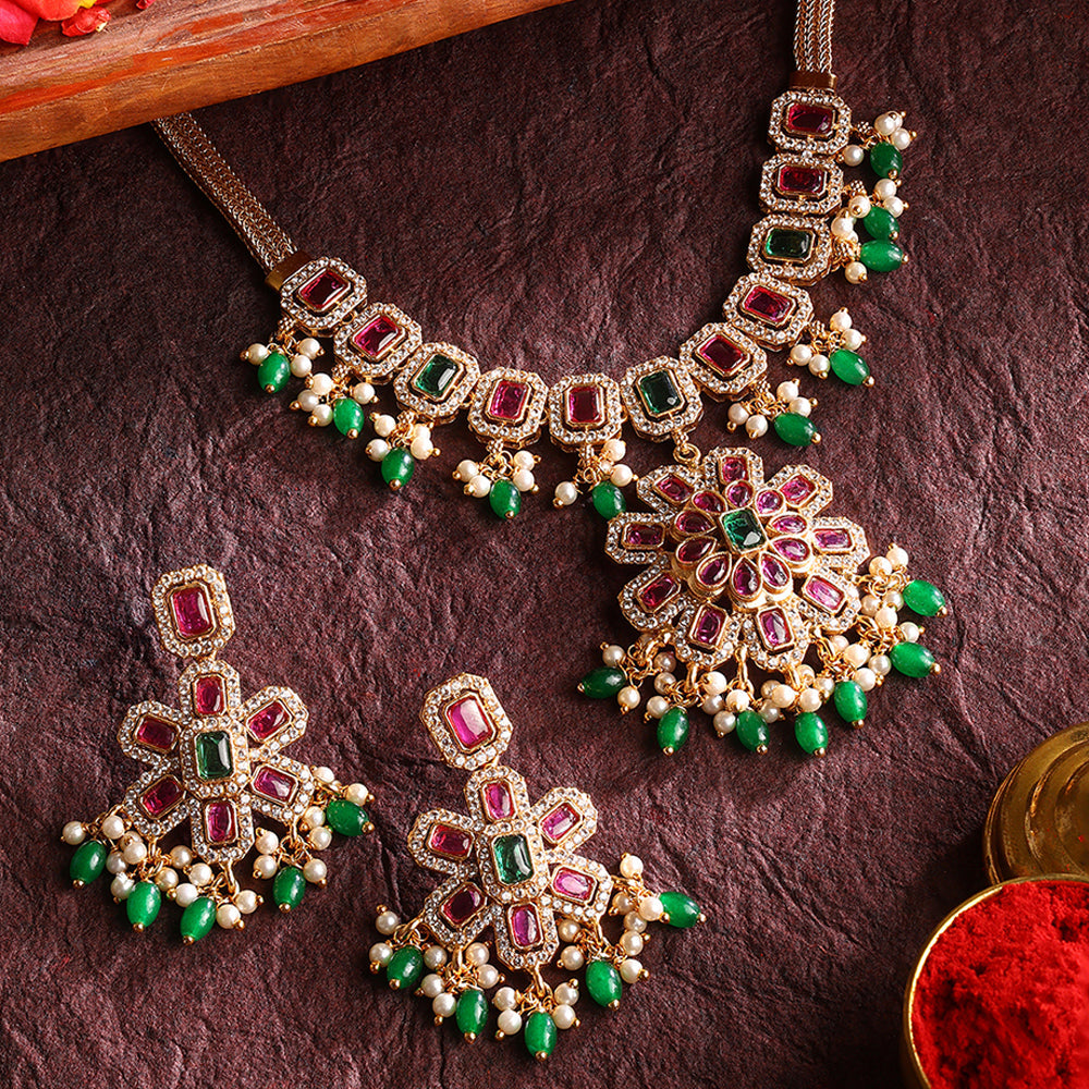 Multi-color Stoned Blooming Elegance Necklace with Drop Earrings Jewellery Set