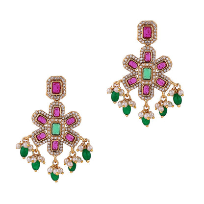 Multi-color Stoned Blooming Elegance Necklace with Drop Earrings Jewellery Set
