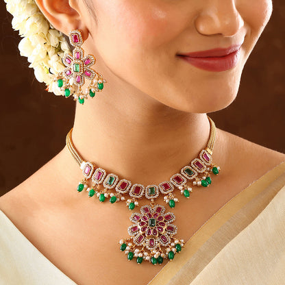 Multi-color Stoned Blooming Elegance Necklace with Drop Earrings Jewellery Set