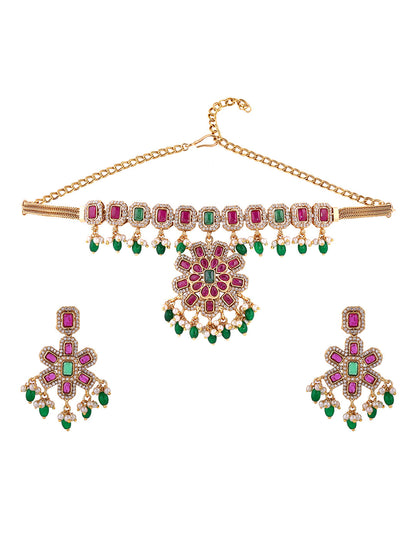 Multi-color Stoned Blooming Elegance Necklace with Drop Earrings Jewellery Set