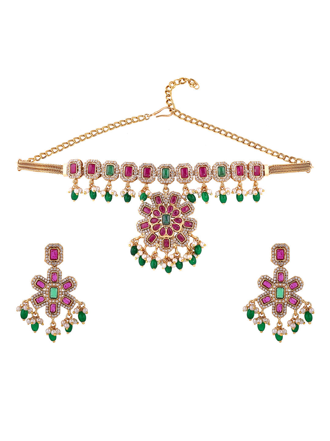 Multi-color Stoned Blooming Elegance Necklace with Drop Earrings Jewellery Set