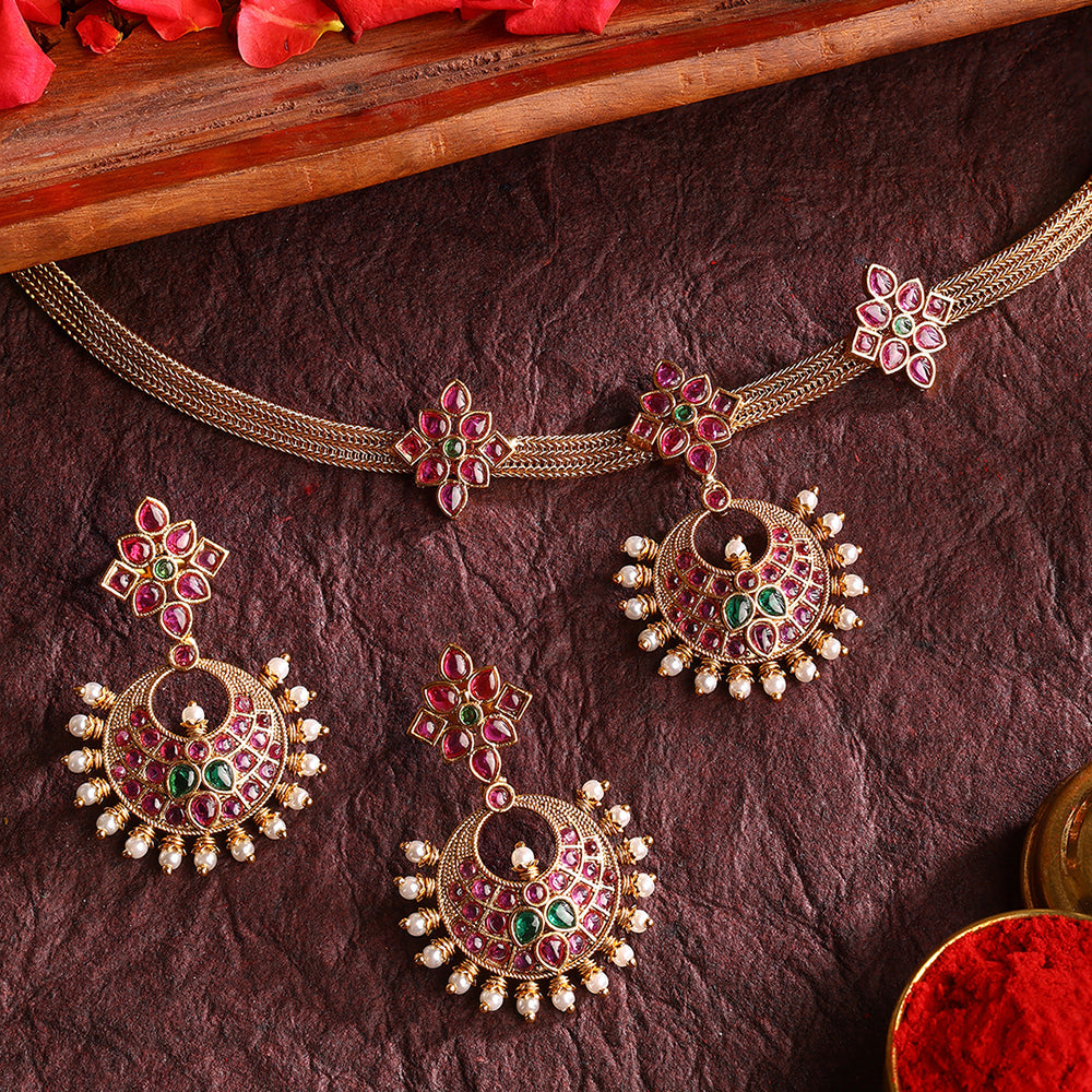 Temple Elegance Chandbali Design Attigai Necklace Gold Plated Earrings Jewellery Set
