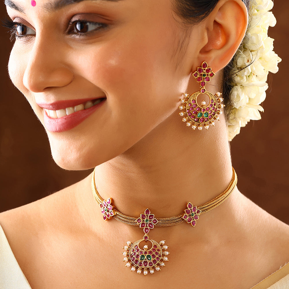 Temple Elegance Chandbali Design Attigai Necklace Gold Plated Earrings Jewellery Set