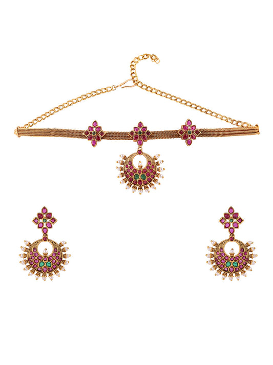 Temple Elegance Chandbali Design Attigai Necklace Gold Plated Earrings Jewellery Set