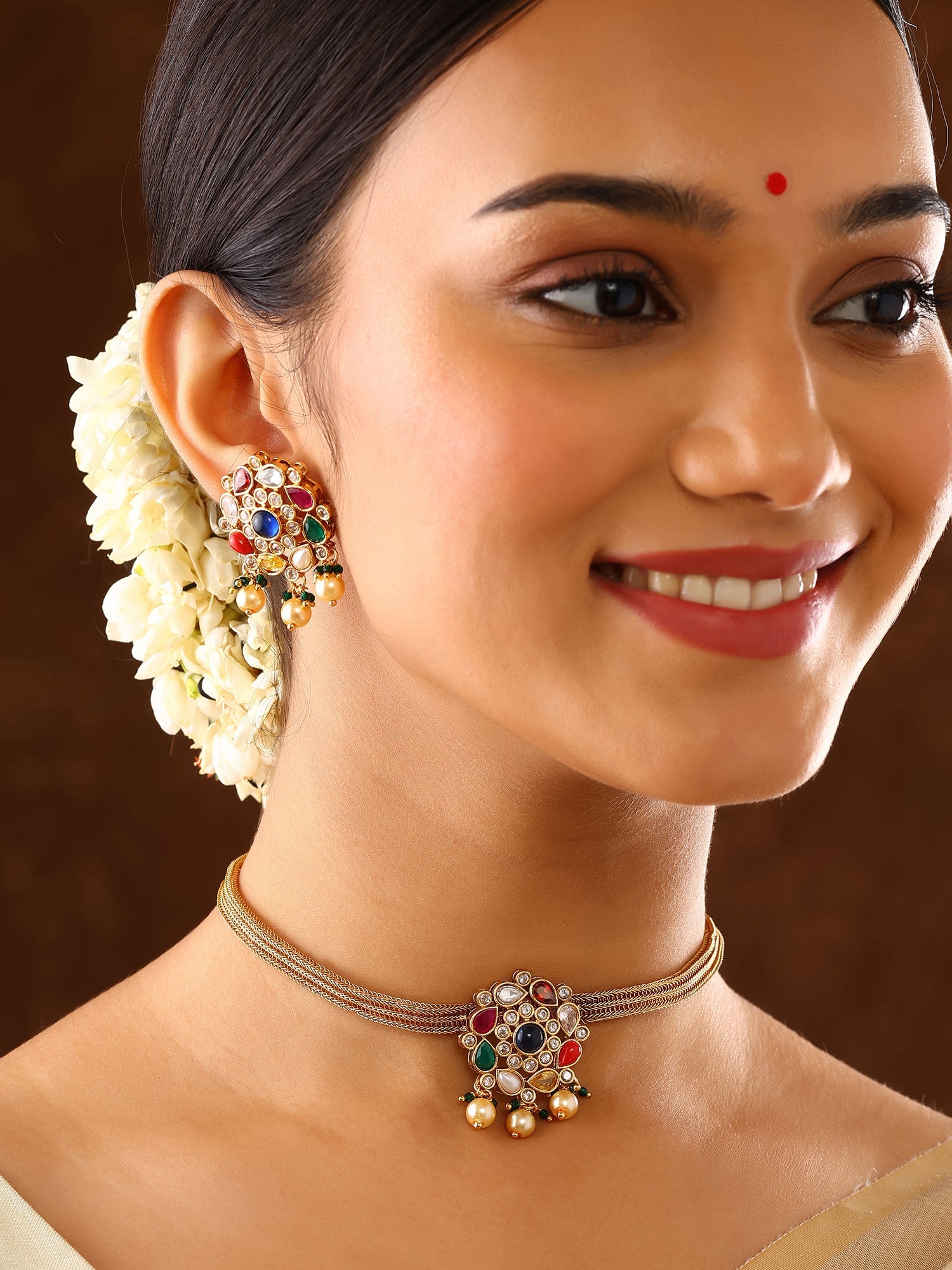 Navaratna Elegance Floral Attigai Pattern Gold Plated Necklace with Earrings Jewellery Set