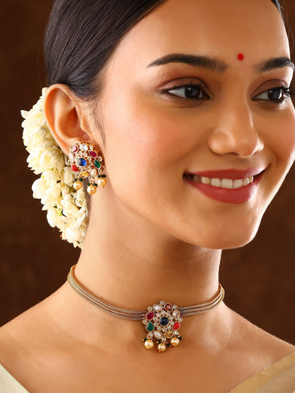 Navaratna Elegance Floral Attigai Pattern Gold Plated Necklace with Earrings Jewellery Set