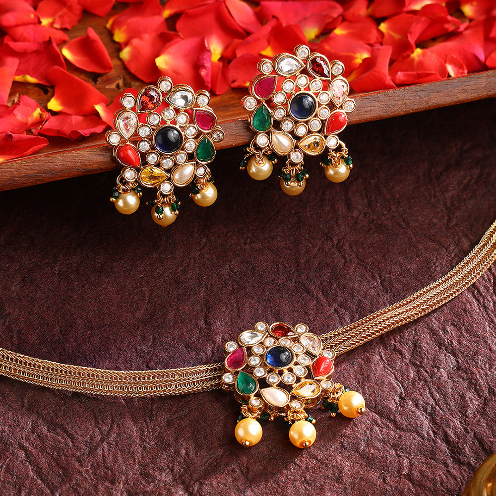 Navaratna Elegance Floral Attigai Pattern Gold Plated Necklace with Earrings Jewellery Set