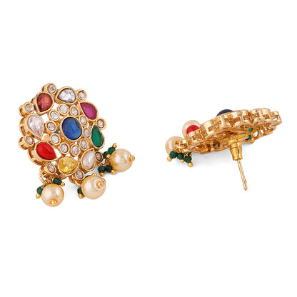Navaratna Elegance Floral Attigai Pattern Gold Plated Necklace with Earrings Jewellery Set