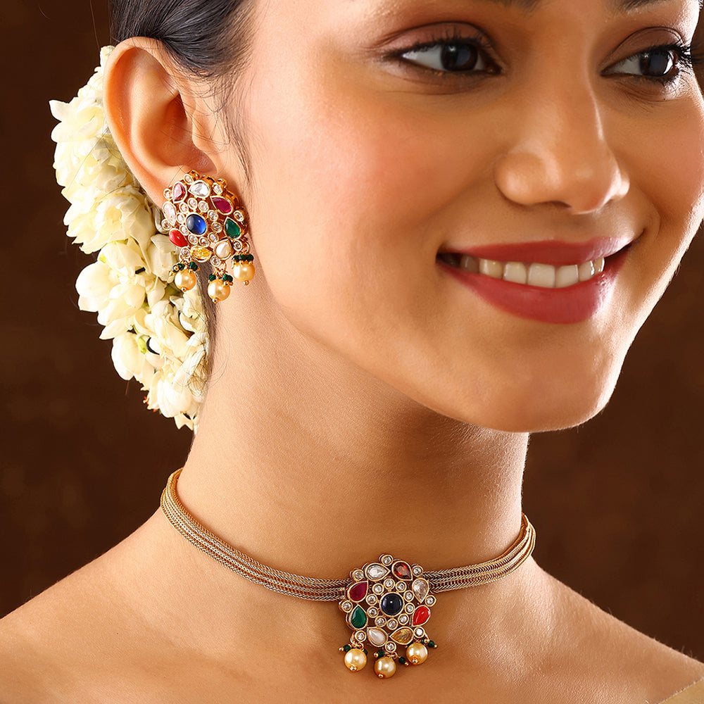 Navaratna Elegance Floral Attigai Pattern Gold Plated Necklace with Earrings Jewellery Set