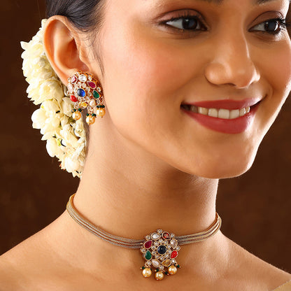 Navaratna Elegance Floral Attigai Pattern Gold Plated Necklace with Earrings Jewellery Set