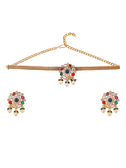 Navaratna Elegance Floral Attigai Pattern Gold Plated Necklace with Earrings Jewellery Set
