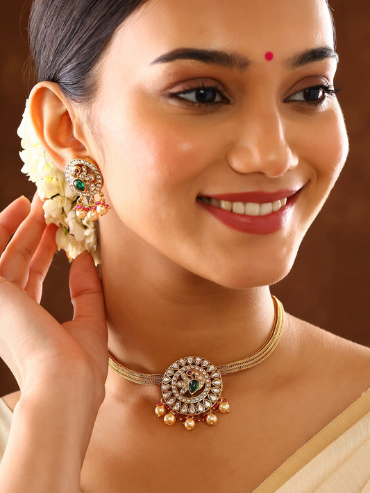 Floral Pattern Multicolor Elegance Gold Plated Chocker Necklace & Earrings Jewellery Set