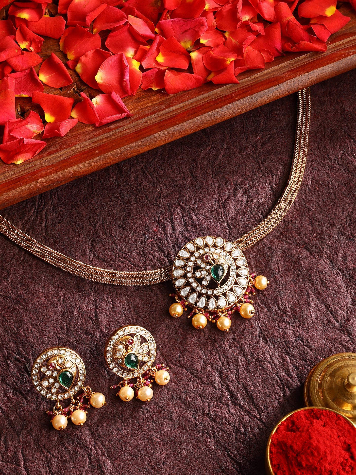Floral Pattern Multicolor Elegance Gold Plated Chocker Necklace & Earrings Jewellery Set