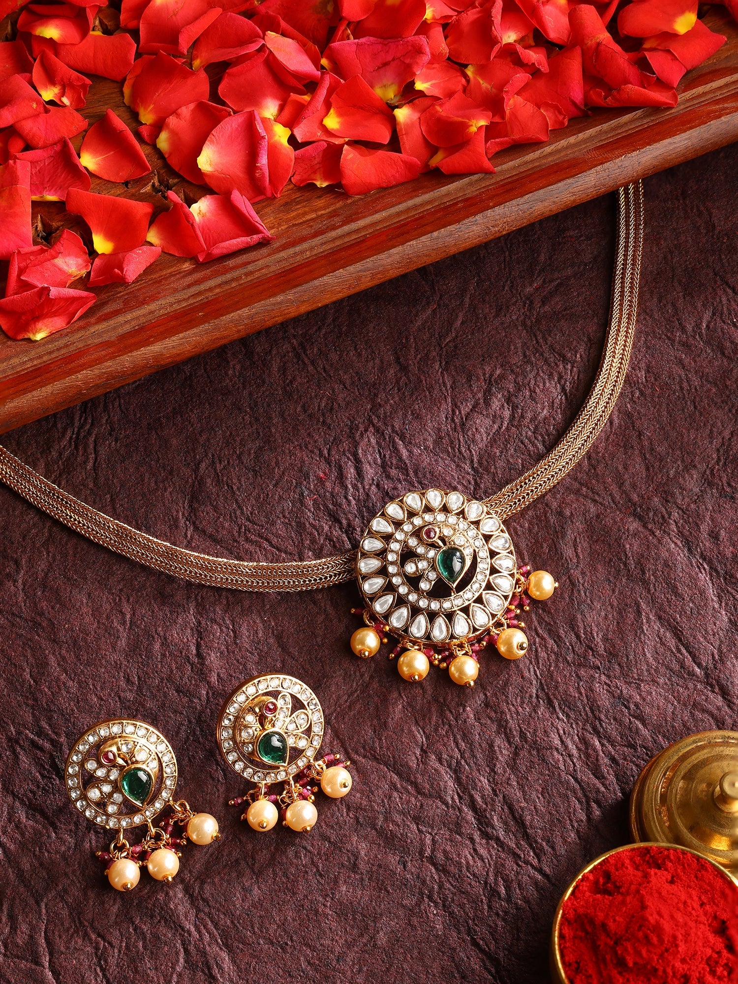 Floral Pattern Multicolor Elegance Gold Plated Chocker Necklace & Earrings Jewellery Set