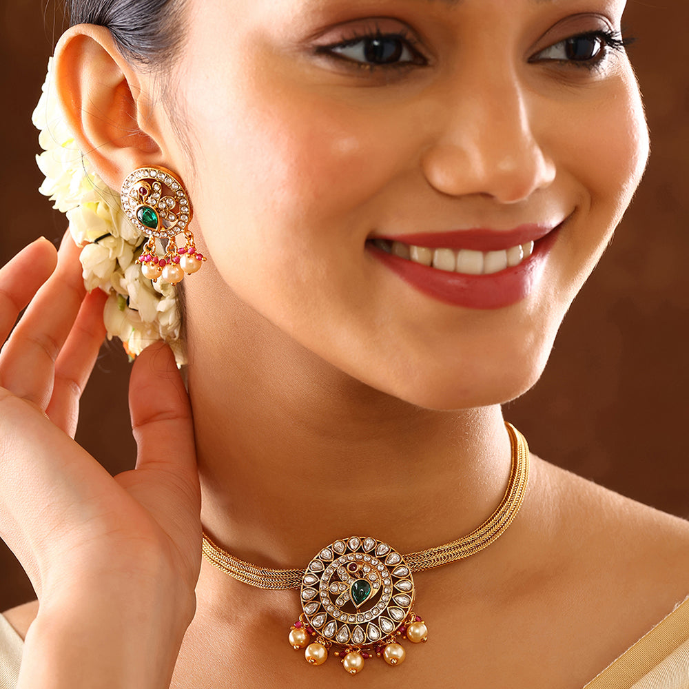 Floral Pattern Multicolor Elegance Gold Plated Chocker Necklace & Earrings Jewellery Set