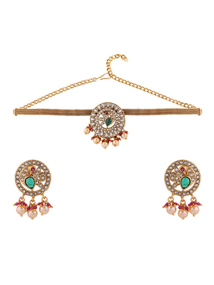 Floral Pattern Multicolor Elegance Gold Plated Chocker Necklace & Earrings Jewellery Set