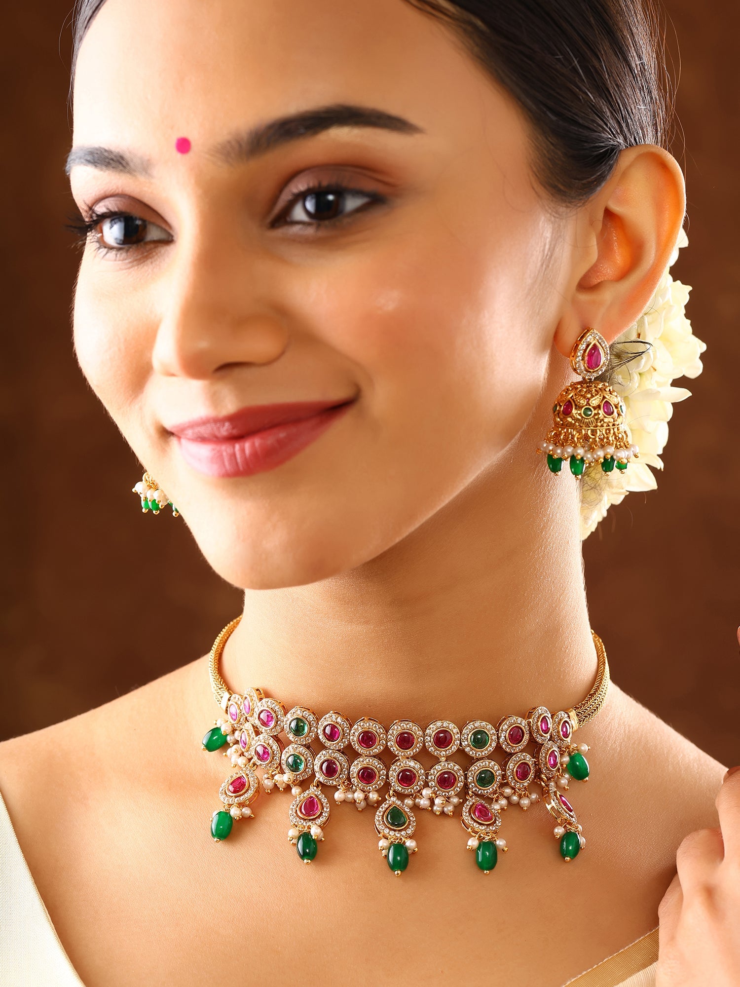 Two Lined Ruby & Green Elegance Attigai Chocker Necklace with Jhumkis Jewellery Set