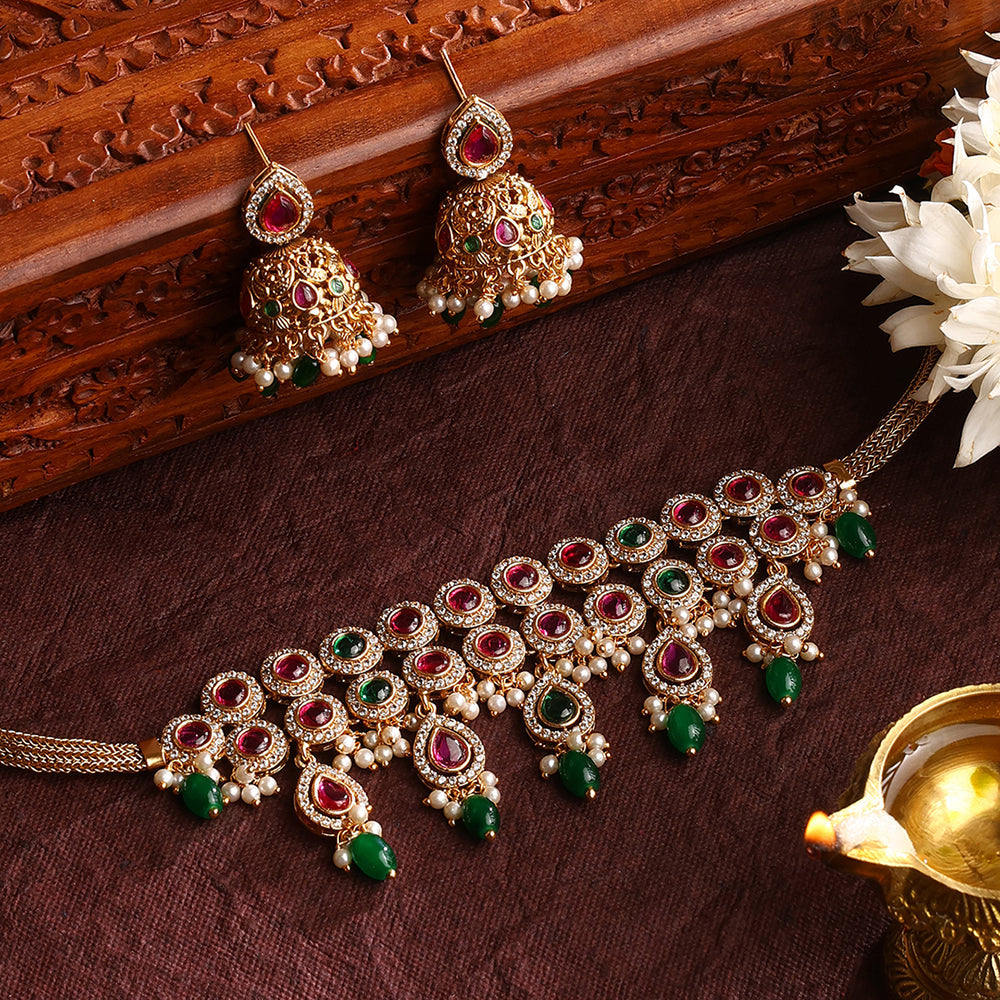 Two Lined Ruby & Green Elegance Attigai Chocker Necklace with Jhumkis Jewellery Set