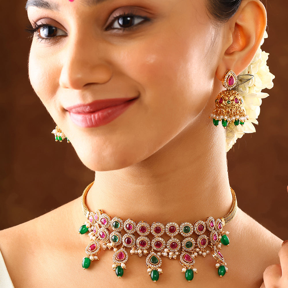 Two Lined Ruby & Green Elegance Attigai Chocker Necklace with Jhumkis Jewellery Set