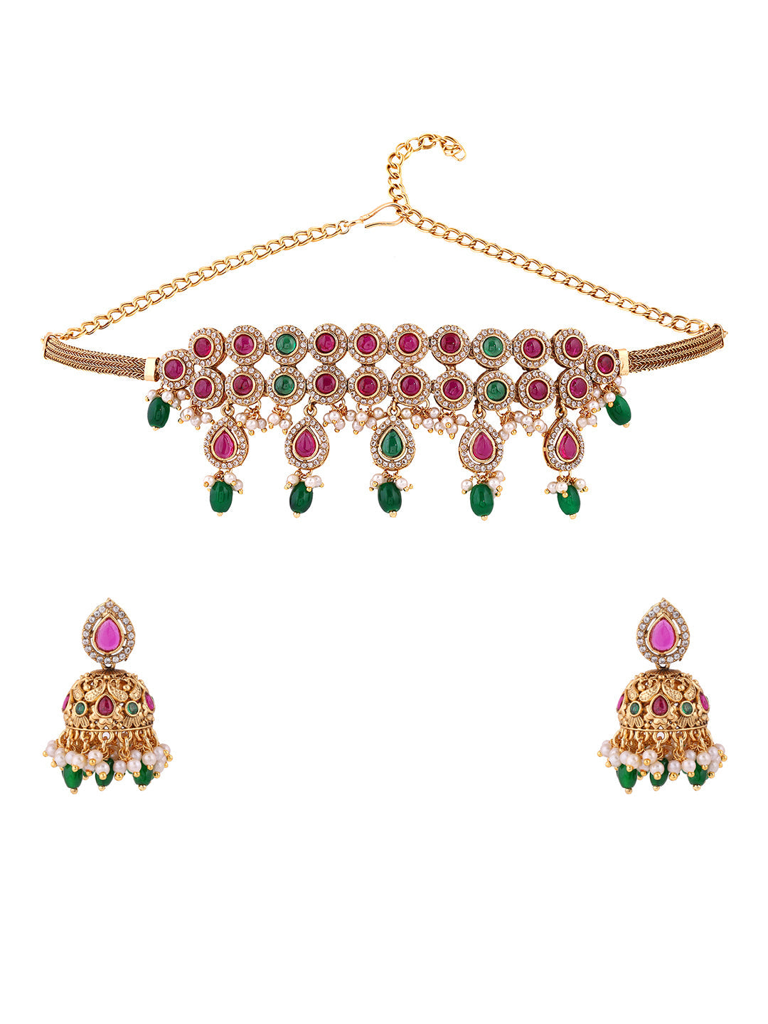 Two Lined Ruby & Green Elegance Attigai Chocker Necklace with Jhumkis Jewellery Set